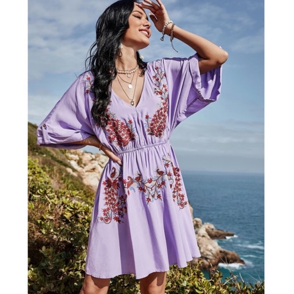 Boho off shoulder floral embroidered spring dress - Picture 2 of 8